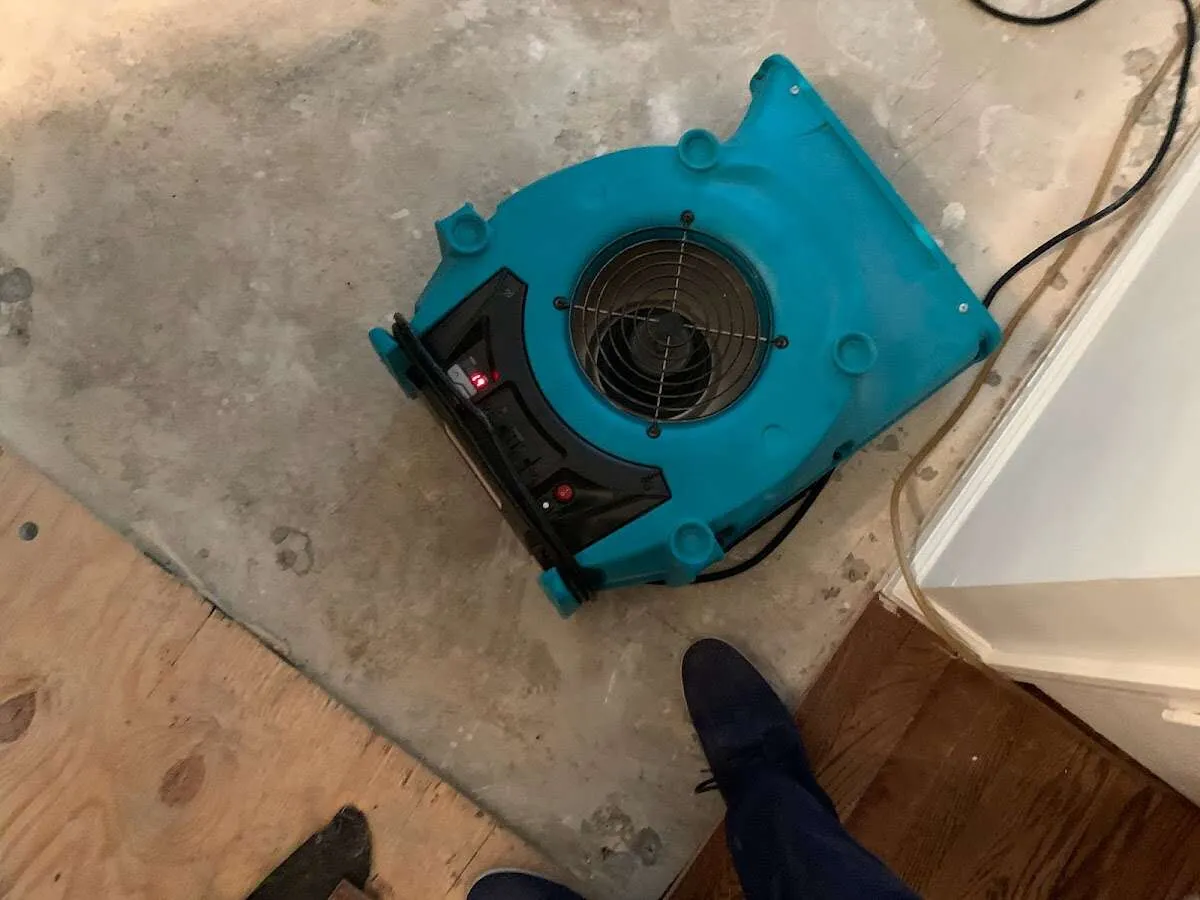 Air mover drying subfloor during Leak Detection & Repair in Metropolis